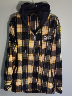 Men's Yellow & Black Plaid Hooded Zip Shirt Jacket